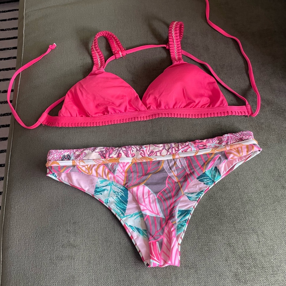 Maje Hot Pink Bikini Set with Tropical Print Bottom